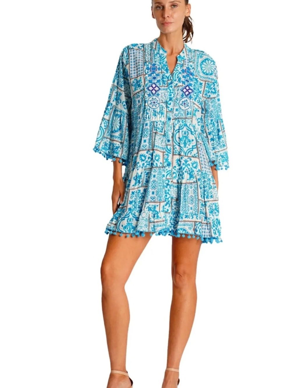Club Moda Blue Tile-Print Mini Dress with beaded details L/XL